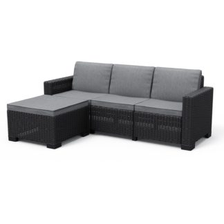 An Image of Keter California 3 Seater Outdoor Garden Furniture Chaise Longue - Graphite With Grey Cushions
