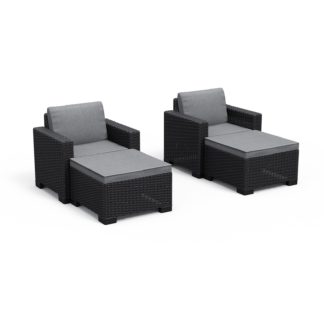 An Image of Keter California 2 Seater Outdoor Balcony Deluxe Garden Furniture Set - Graphite With Grey Cushions