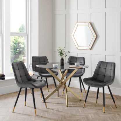 An Image of Montero Round Glass Top Dining Table with 4 Harper Chairs Grey