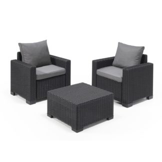 An Image of Keter California 2 Seater Outdoor Balcony Garden Furniture Set - Graphite with Grey Cushions