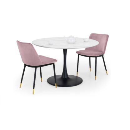 95a97c1b06610225b6c7d8f1f6822474930f59d2a7f4fb0a3637ff512cdb0abd.jpg An Image of Holland Round Pedestal Dining Table with 2 Delaunay Chairs Mustard