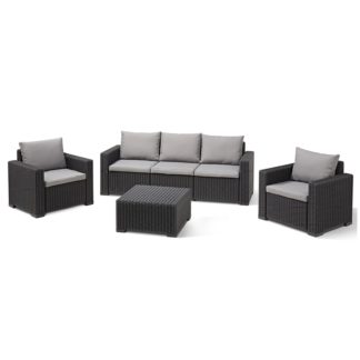 An Image of Keter California 5 Seater Outdoor Garden Furniture Sofa And Lounge Set - Graphite With Grey Cushions