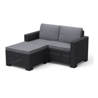 An Image of Keter California 2 Seater Outdoor Balcony Garden Furniture Chaise Lounge - Graphite with Grey Cushions