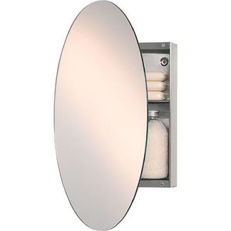 An Image of Bathstore Oval Mirror with Concealed Stainless Steel Cabinet