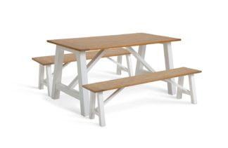 An Image of Habitat Burford Solid Wood Dining Table & 2 White Benches