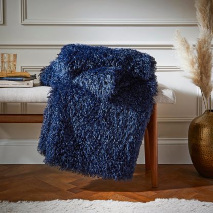 An Image of Mongolian Faux Fur Throw 130cm x 180cm Navy