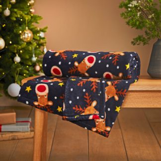 An Image of Reindeer Fleece Throw 130cm x 170cm Navy