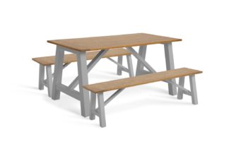 An Image of Habitat Burford Solid Wood Dining Table & 2 Grey Benches
