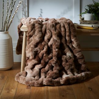 An Image of Ruched Faux Fur Throw Brown