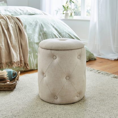 An Image of Buttoned Linen Storage Footstool Blue