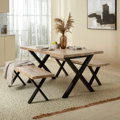 3e07f612c83a9ff2a074312b24be1e25df5ecf0570261b8d5986d5d70bc82c98.jpg An Image of Ezra 6 Seater Dining Bench Set, Light Wood 160cm Light Wood