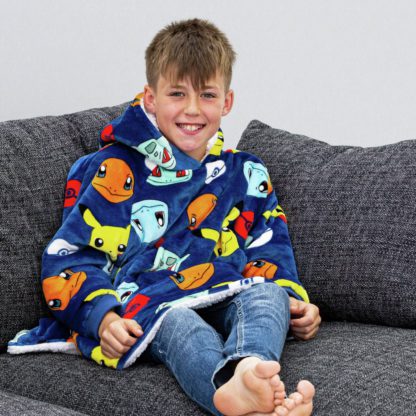 An Image of Hugzee Pokemon Badges Blue Fleece Hooded Blanket - Medium