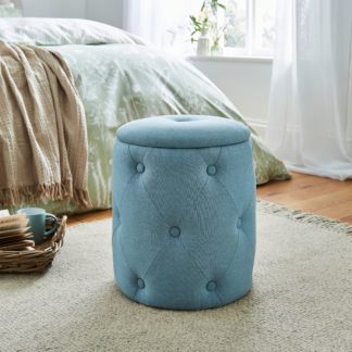 An Image of Buttoned Linen Storage Footstool Blue