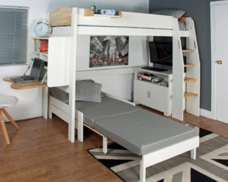 An Image of Urban - European Single - High Sleeper with Folding Desk, Combi Chest and Chair Bed - Birch - Wooden - 3ft - Happy Beds