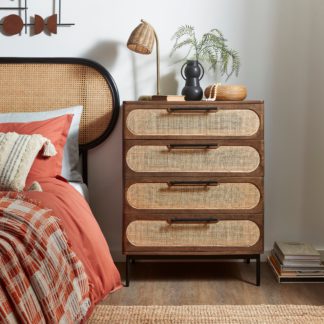 An Image of Mila 4 Drawer Chest, Dark Mango Wood and Rattan Brown