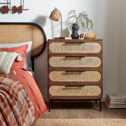 0e9d1d5994c9743ddba957ca4b56a7724390cd10bc7794d6b15803b20b0ceaee.jpg An Image of Mila 4 Drawer Chest, Dark Mango Wood and Rattan Brown