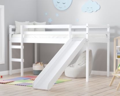 An Image of Frankie - Single - Mid Sleeper with Slide - White - Wooden - 3ft - Happy Beds