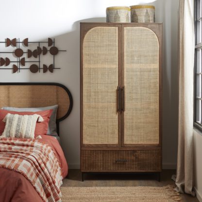 An Image of Mila Dark Mango Wood and Rattan Double Wardrobe Brown