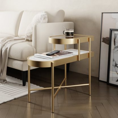 An Image of Noelle Gold Effect Faux Marble Sofa Side Table Clear