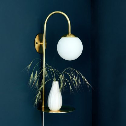 An Image of Shore Light Magola Steel Shelf Plug in Wall Light-SatinBrass