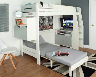 An Image of Urban - European Single - High Sleeper with Folding Desk, Combi Chest and Chair Bed - Grey - Wooden - 3ft - Happy Beds