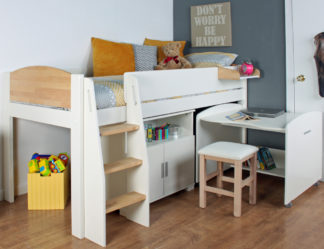 An Image of Urban - European Single - Mid Sleeper with Pull-Out Desk and Combi Chest - Birch - Wooden - 3ft - Happy Beds