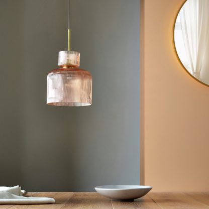 An Image of Shore Light Rika Ribbed Glass Pendant Light - Pink & Gold