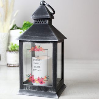 An Image of Personalised Floral Rustic Black Lantern Black