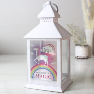 An Image of Personalised Unicorn Frost White Lantern White