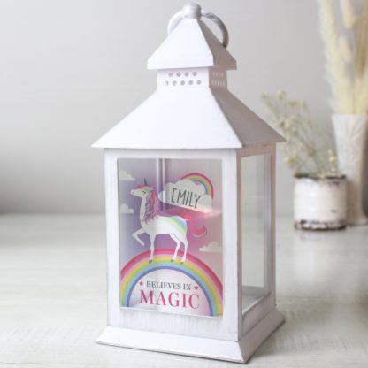 An Image of Personalised Unicorn Frost White Lantern White