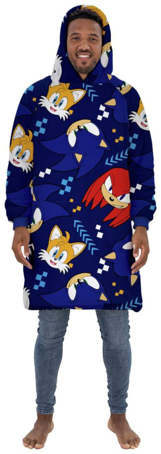 An Image of Hugzee Sonic Bounce Blue Fleece Hooded Blanket - Large