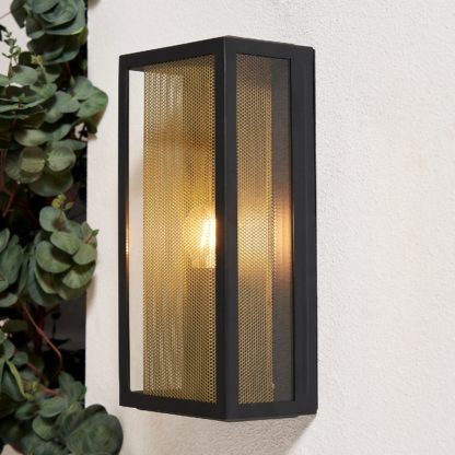 An Image of Mesh Outdoor Wall Box Lantern - Black & Brass