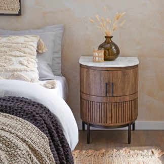 An Image of Mila 2 Door Bedside Table, Mango Wood and Marble Brown