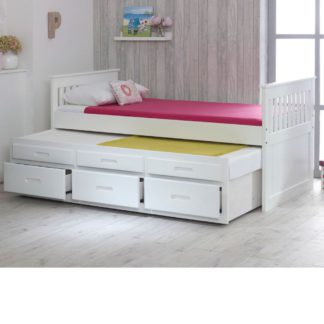 An Image of Captains/Theo - Single - Guest Bed with Underbed Trundle and Storage and 2 Pocket Spring Mattresses Included - White - Wooden/Fabric - 3ft - Happy Beds