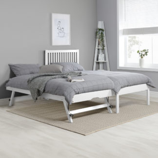 An Image of Buxton/Clay - Single - Guest Bed with Underbed Trundle and 2 Open Coil Spring Orthopaedic Mattress Included - White - Wooden/Fabric - 3ft - Happy Beds
