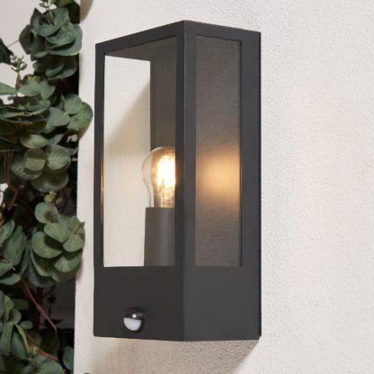An Image of Outdoor Box Lantern Wall Light with PIR Motion Sensor - Charcoal