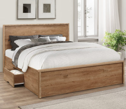 9d572a26e64858a5aeb7954bae7614c514d94a5b76a32a0056b31aa99afd2ae8-2.jpg An Image of Stockwell/Super Ortho - King Size - Storage Bed with Single Drawer and Open Coil Spring Reflex Foam Orthopaedic Mattress Included - Oak/White - Wooden/Fabric - 5ft - Happy Beds