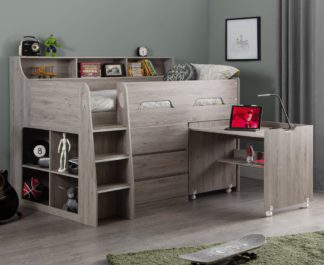 An Image of Jupiter/Clay - Single - Mid Sleeper Cabin Bed with Storage and Pull-Out Desk and Open Coil Spring Orthopaedic Mattress Included - Grey Oak/White - Wooden/Fabric - 3ft - Happy Beds