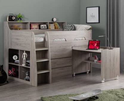be8d5a6e0911461062f9b050bae033cd93ec904441e3b4fe7ade6c787f36101a.jpg An Image of Jupiter/Clay - Single - Mid Sleeper Cabin Bed with Storage and Pull-Out Desk and Open Coil Spring Orthopaedic Mattress Included - Grey Oak/White - Wooden/Fabric - 3ft - Happy Beds
