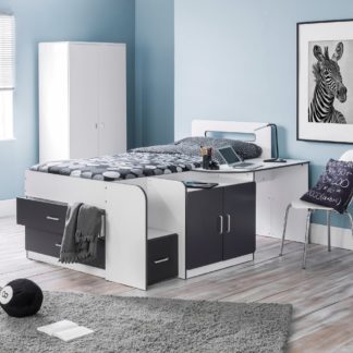 An Image of Cookie/Ethan - Single - Cabin Bed with Built-In Desk and Storage and Open Coil Spring Mattress Included - Grey/White - Wooden/Fabric - 3ft - Happy Beds