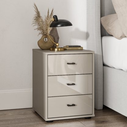 An Image of Kahla Glass Fronted 3 Drawer Bedside Table Off-White