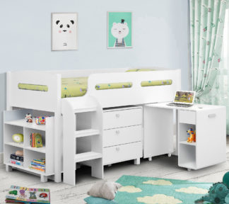 An Image of Kimbo/Clay - Single - Mid Sleeper Cabin Bed with Storage and Pull-Out Desk and Open Coil Spring Memory Foam Mattress Included - White - Wooden/Fabric - 3ft - Happy Beds