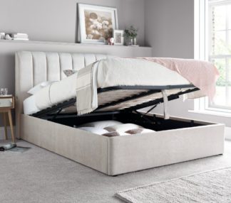 An Image of Autumn/Supreme - King Size - Ottoman Storage Bed and Open Coil Spring Reflex Foam Orthopaedic Mattress Included - Oatmeal/White - Fabric - 5ft - Happy Beds