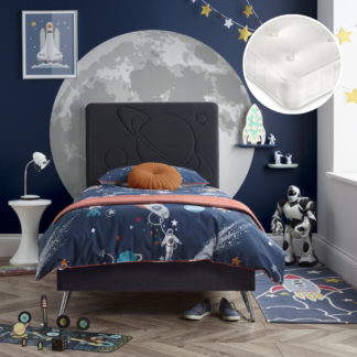 An Image of Space/Theo - Single - Novelty Kids Bed and Storage and Pocket Spring Mattress Included - Dark Grey/White - Velvet/Fabric - 3ft - Happy Beds
