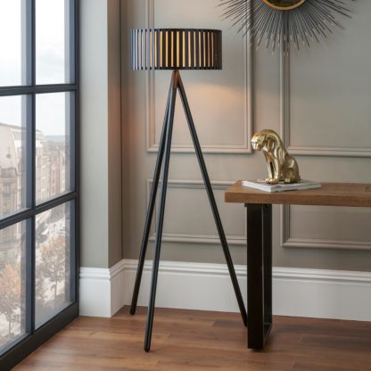 An Image of Rabanne Slatted Black Wood Tripod Floor Lamp Black