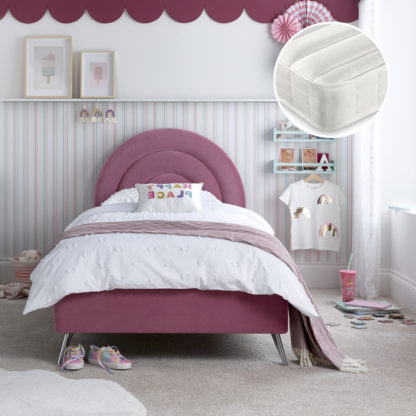 An Image of Rainbow/Ethan - Single - Novelty Kids Bed and Open Coil Spring Mattress Included - Pink/White - Velvet/Fabric - 3ft - Happy Beds