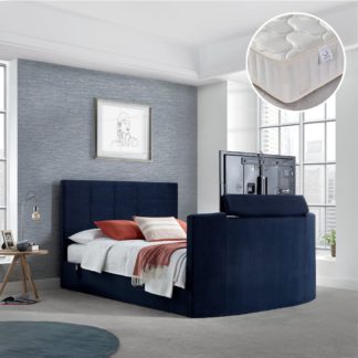 An Image of Thornberry/Pinerest - King Size - Ottoman Storage TV Bed and Open Coil Spring Padded Mattress Included - Blue/White - Velvet/Fabric - 5ft - Happy Beds
