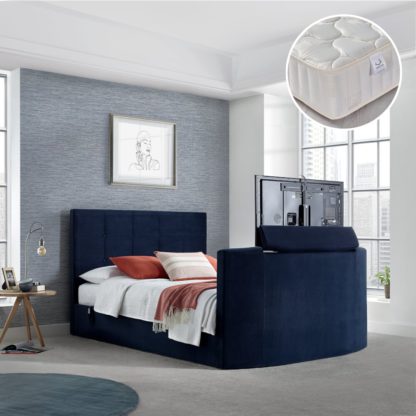 An Image of Thornberry/Pinerest - Super King Size - Ottoman Storage TV Bed and Open Coil Spring Padded Mattress Included - Blue/White - Velvet/Fabric - 6ft - Happy Beds