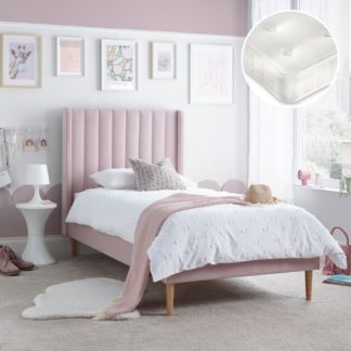 An Image of Marlow/Clay - Single - Low Foot-End Kids Bed and Open Coil Spring Orthopaedic Mattress Included - Pink/White - Velvet/Fabric - 3ft - Happy Beds