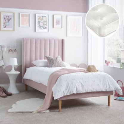 An Image of Marlow/Clay - Single - Low Foot-End Kids Bed and Open Coil Spring Orthopaedic Mattress Included - Pink/White - Velvet/Fabric - 3ft - Happy Beds